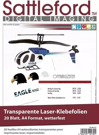 Sattleford - 20 Klebefolien A4 für Laserdrucker transparent (Klebefolie bedrucken Laserdrucker, Klebefolie Laser, (klar) wischfest selbstklebend)