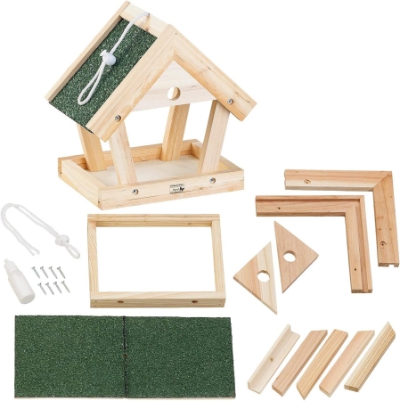 Preview: Bausatz für Vogel-Futterhaus aus Echtholz zum Aufhängen 13-teilig