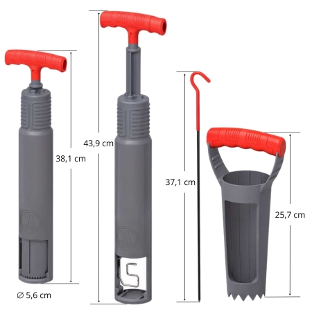 Darstellung der Größen der Wühlmausfalle in inaktivem Zustand (38,1 cm), aktivem Zustand (43,9 cm) und des Ausstechers (25,7 cm).