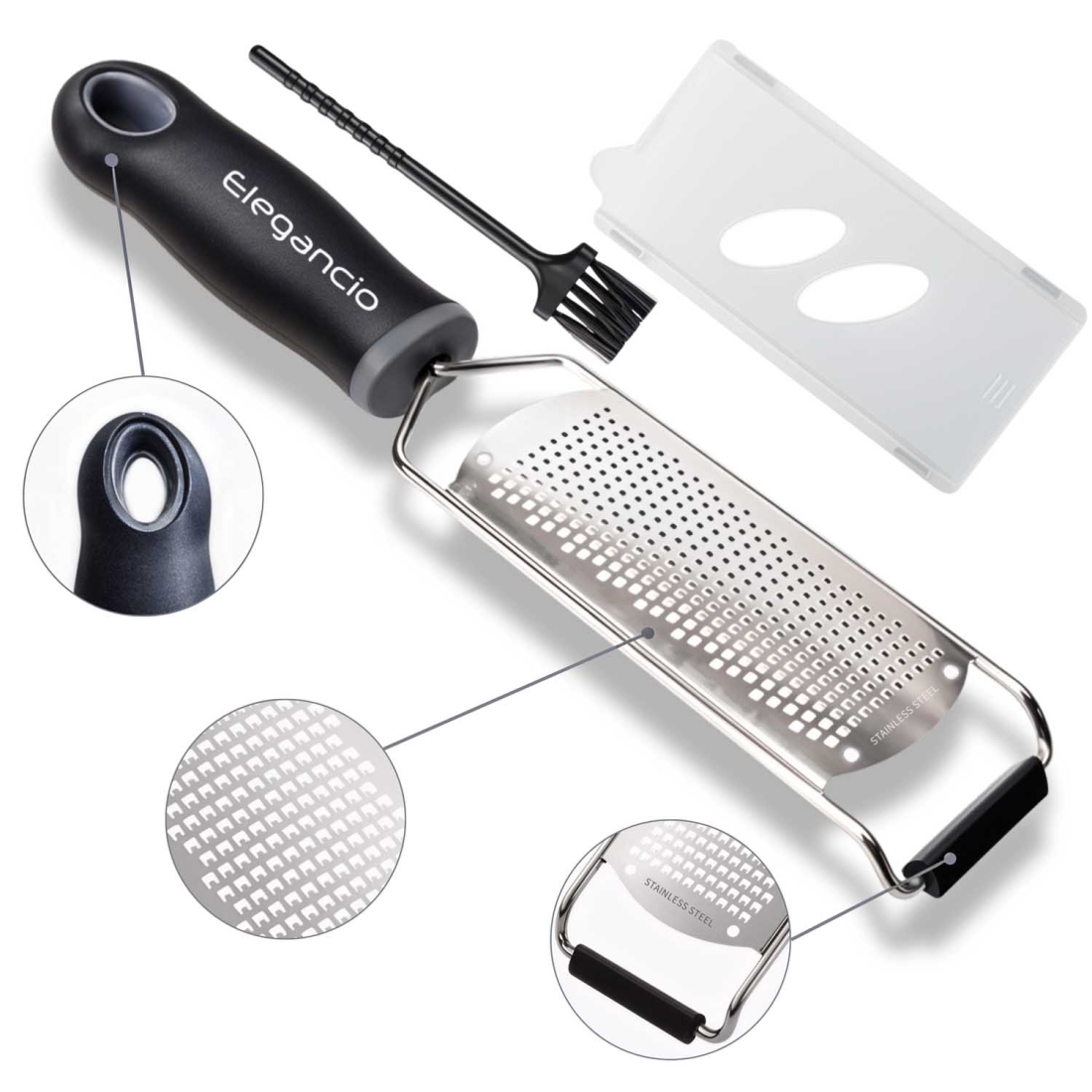 Ergonomische Edelstahl Käsereibe mit Aufhänge-Loch, rutschfestem Gummifuß, scharfen Klingen, Schutzabdeckung und Reinigungsbürste Ergonomische Edelstahl Käsereibe mit Aufhänge-Loch, rutschfestem Gummifuß, scharfen Klingen, Schutzabdeckung und Reinigungsbürste