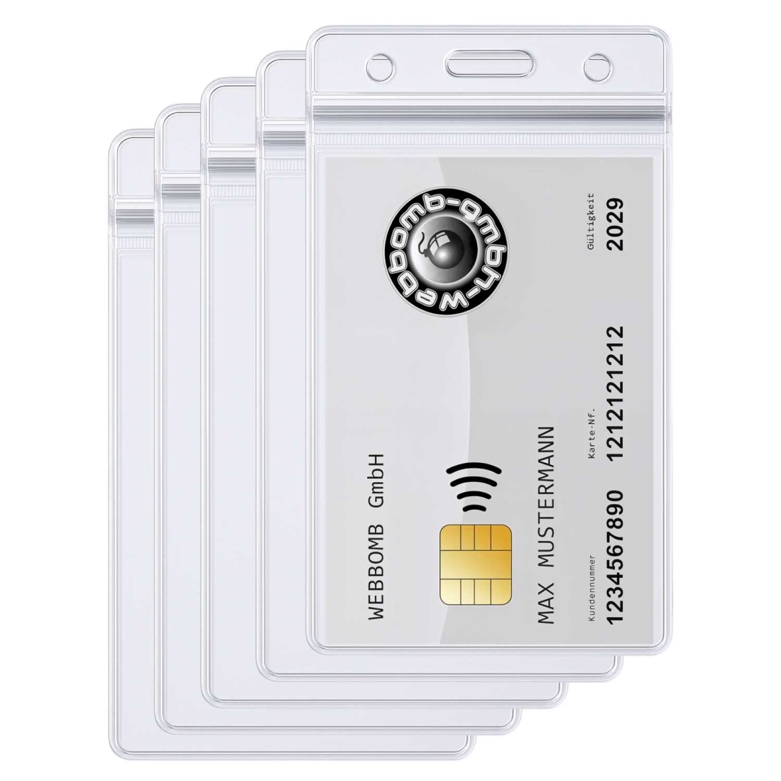 Mehrere Varianten robuster, transparenter Ausweishüllen mit ZIP-Verschluss und Standardlochungen für vielseitige Befestigung.