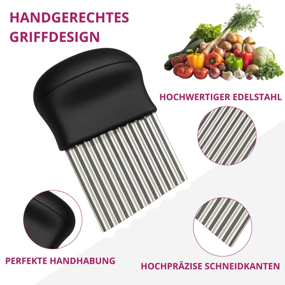 Schwarzer Wellenschneider mit Detailaufnahmen von Griff, Klinge und Edelstahl Schwarzer Wellenschneider mit Detailaufnahmen von Griff, Klinge und Edelstahl