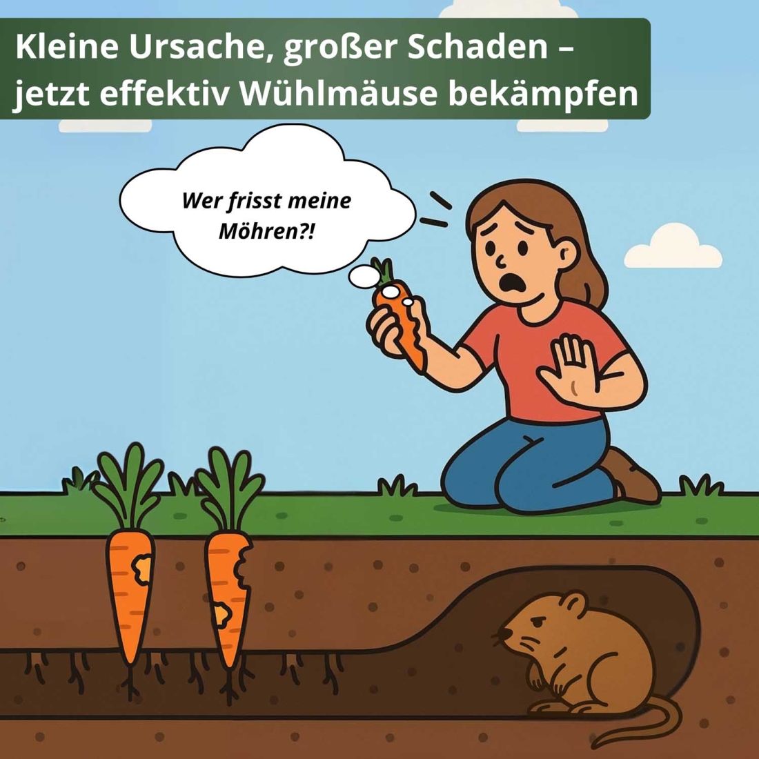 Illustration einer Frau im Garten, die angefressene Möhren entdeckt, mit einer Wühlmaus im darunterliegenden Gang – effektive Wühlmausbekämpfung gegen Gartenschäden. Illustration einer Frau im Garten, die angefressene Möhren entdeckt, mit einer Wühlmaus im darunterliegenden Gang – effektive Wühlmausbekämpfung gegen Gartenschäden.
