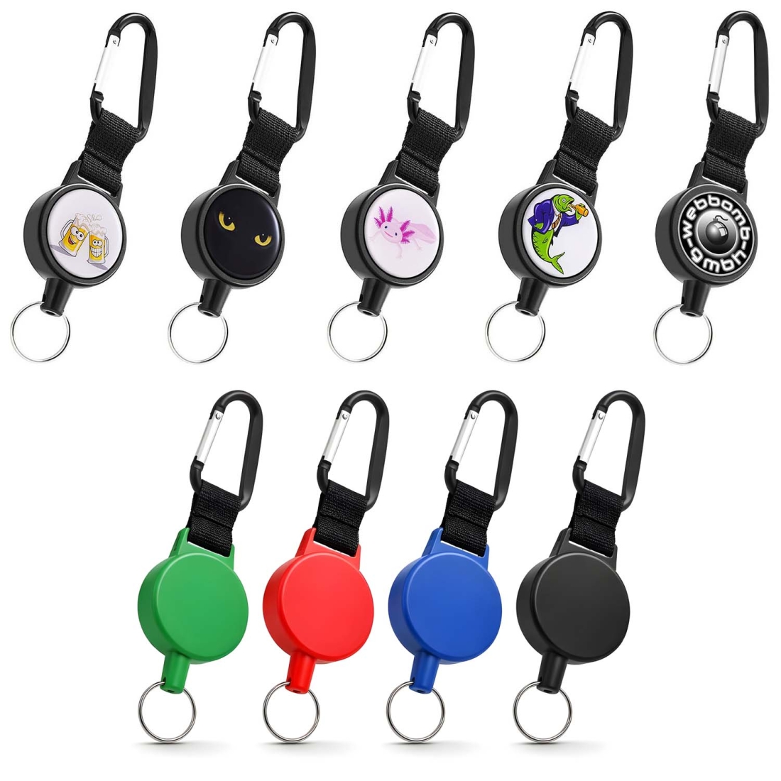 Schlüsseljojo lachende Bierkrüge, Katzenaugen, Axolotl, trinkender Fisch, grün, rot, blau, WEBBOMB